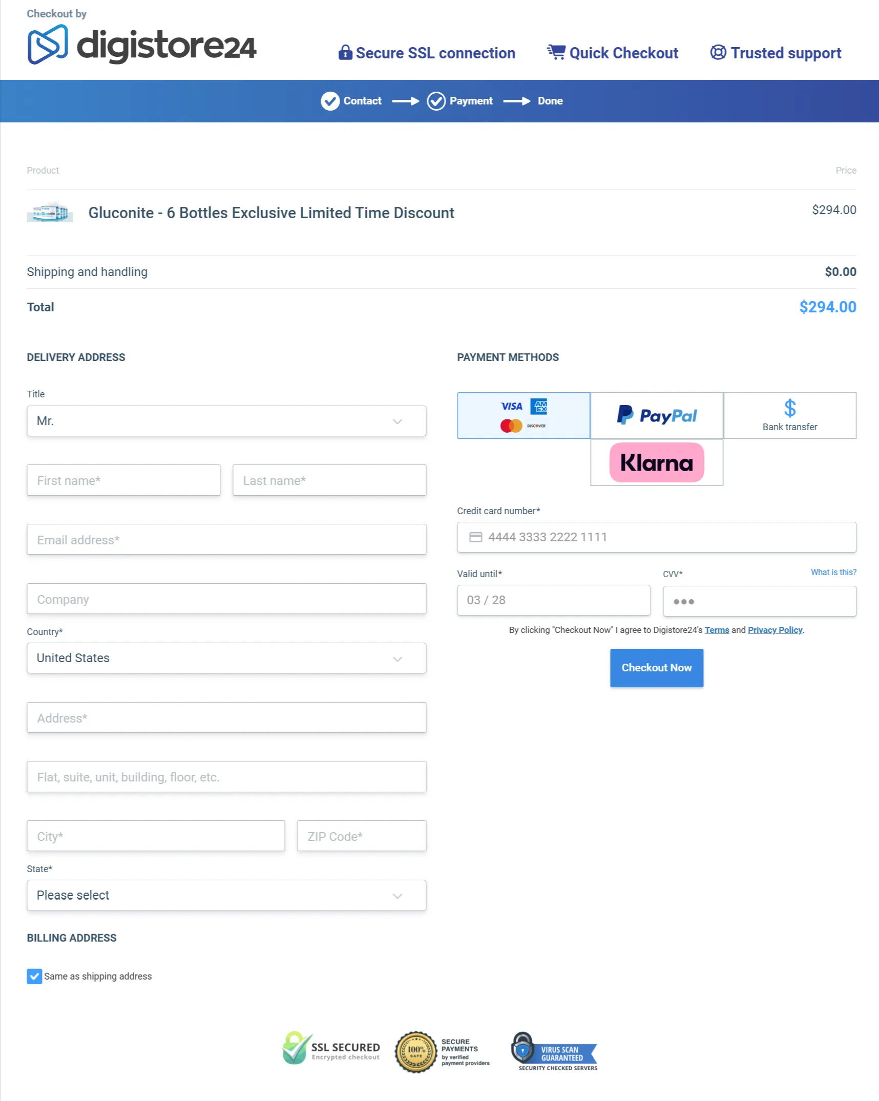 Gluconite checkout page